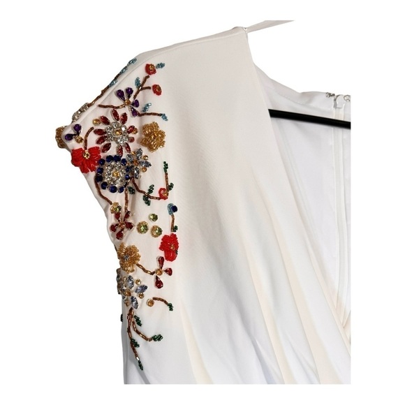Mac Duggal Embellished Sleeve Jersey Wrap Gown in White Multi Size 10 NWT - Picture 5 of 11